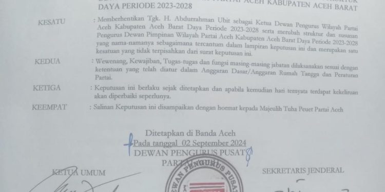 DPP PA Berhentikan Panglima Do dari Ketua DPW PA Abdya